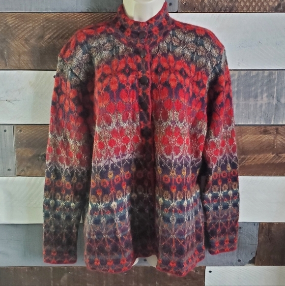 Intiwara Alpaca Sweaters - Intiwara Alpaca Burgandy Red Tan Handmade Cardigan Sweater Womens XL